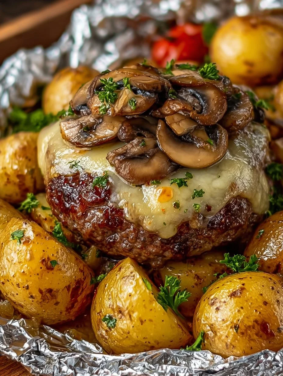 Mouthwatering Mushroom Swiss Burger in foil packets ready for grilling