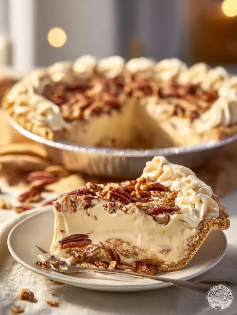 Delicious pecan cream pie with a creamy filling and crunchy pecans on top.