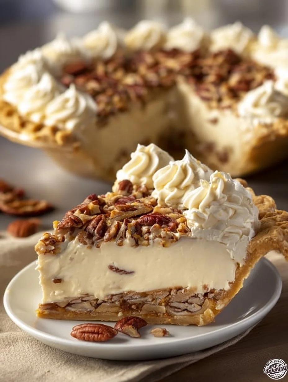 Delicious pecan cream pie topped with whipped cream and pecans