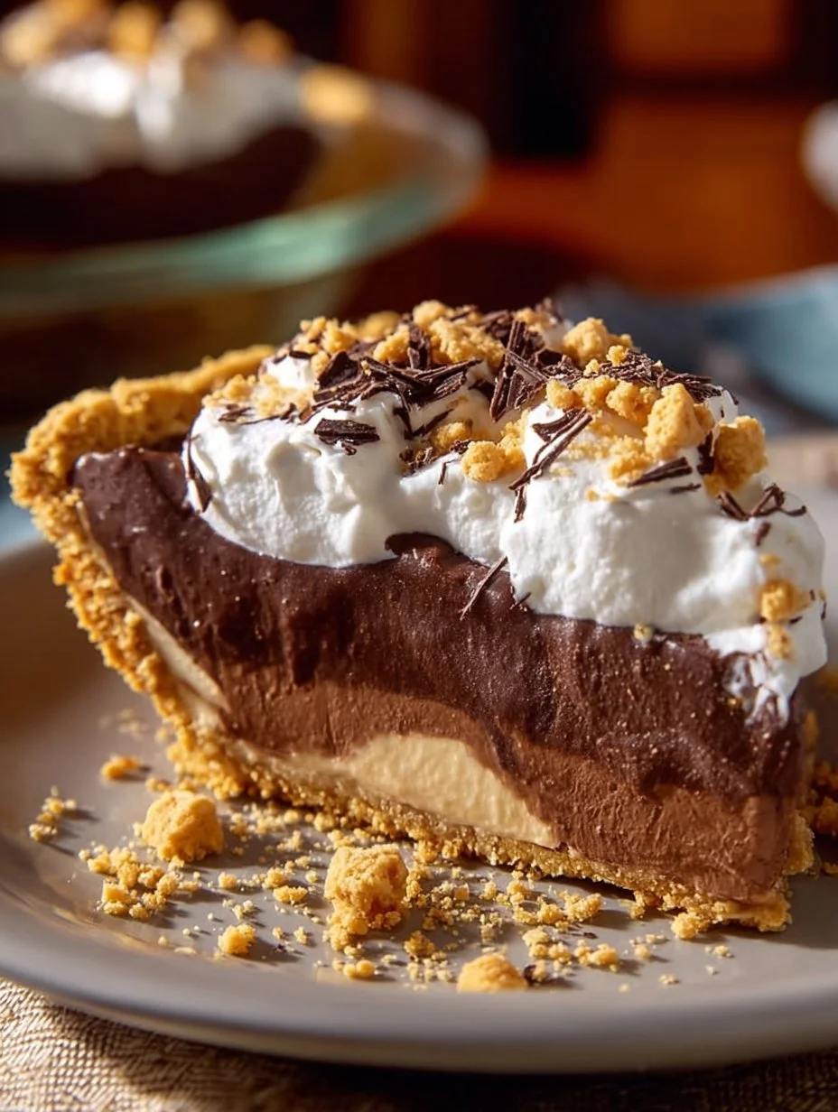 No-Bake Cream Cheese Peanut Butter Pie topped with chocolate drizzle