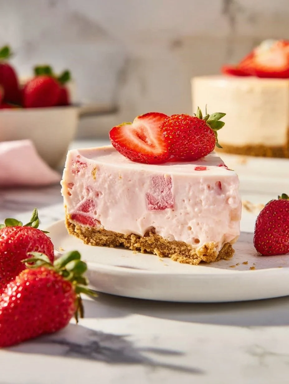No Bake Strawberry Cheesecake topped with fresh strawberries