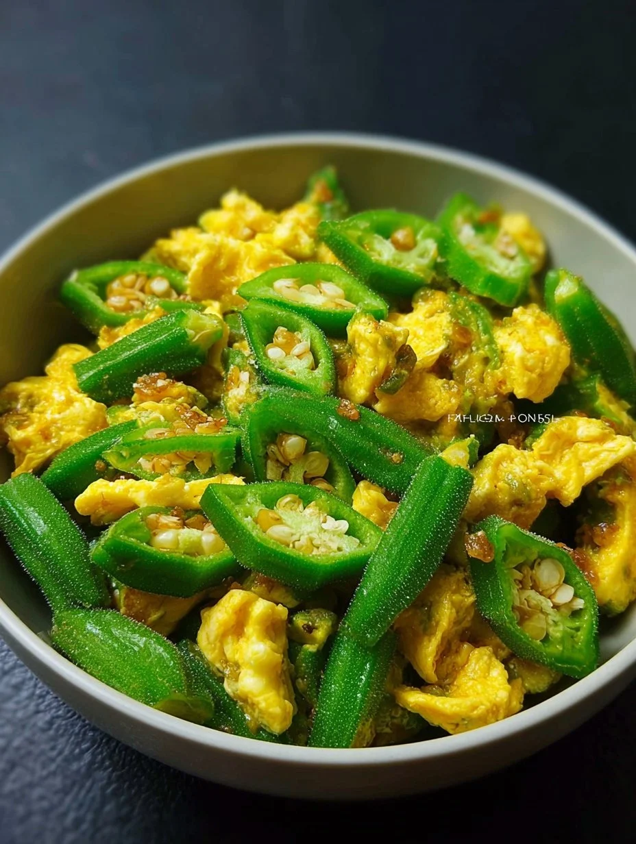 Delicious Okra Stir-fry with scrambled eggs served in a bowl