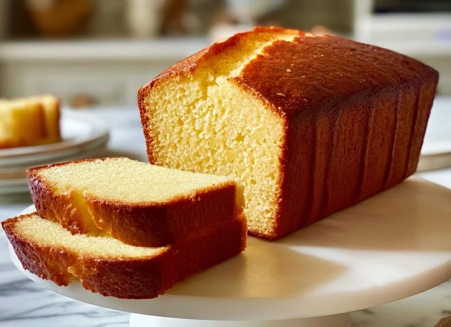 Old School Butter Pound Cake slice on a plate with fresh berries