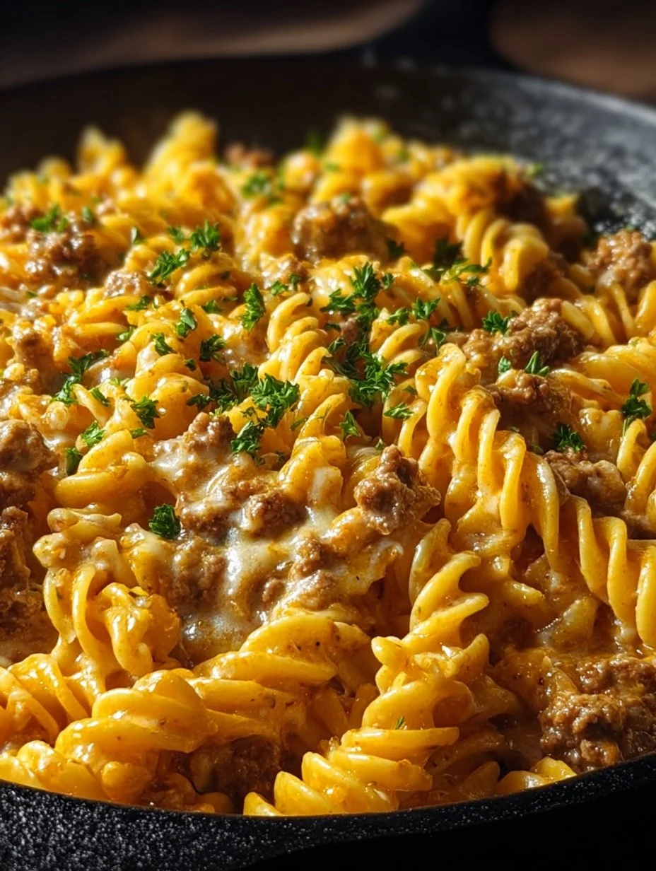 One-pot garlic butter beef pasta dish garnished with parsley.