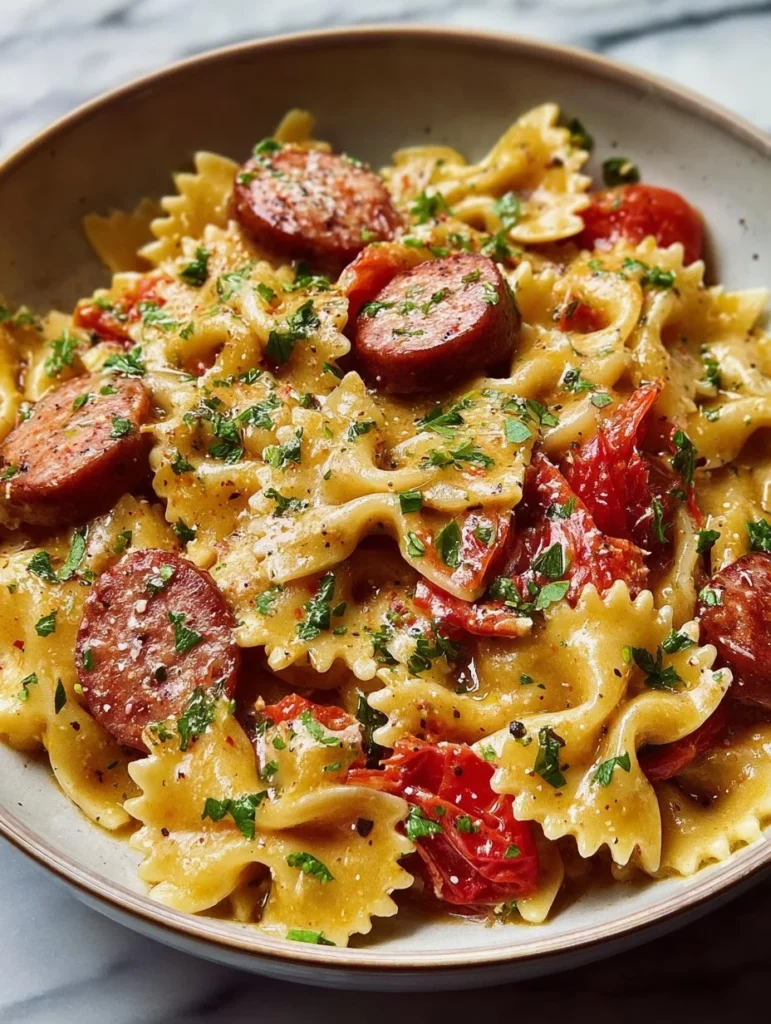 One-pot smoked sausage pasta with colorful vegetables and herbs