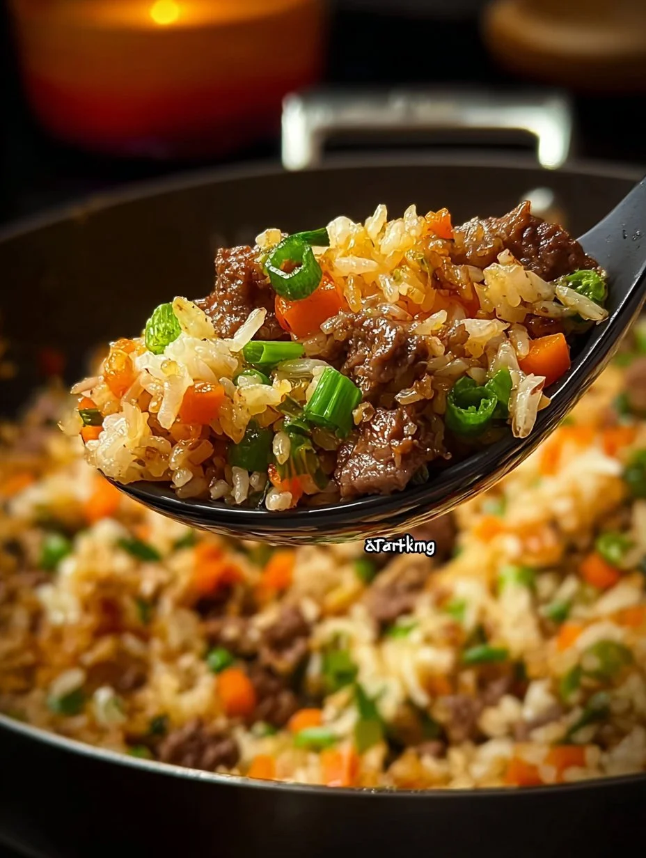 Delicious bowl of onion beef fried rice garnished with green onions.