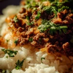 Delicious onion ground beef rice casserole dish served in a rustic bowl