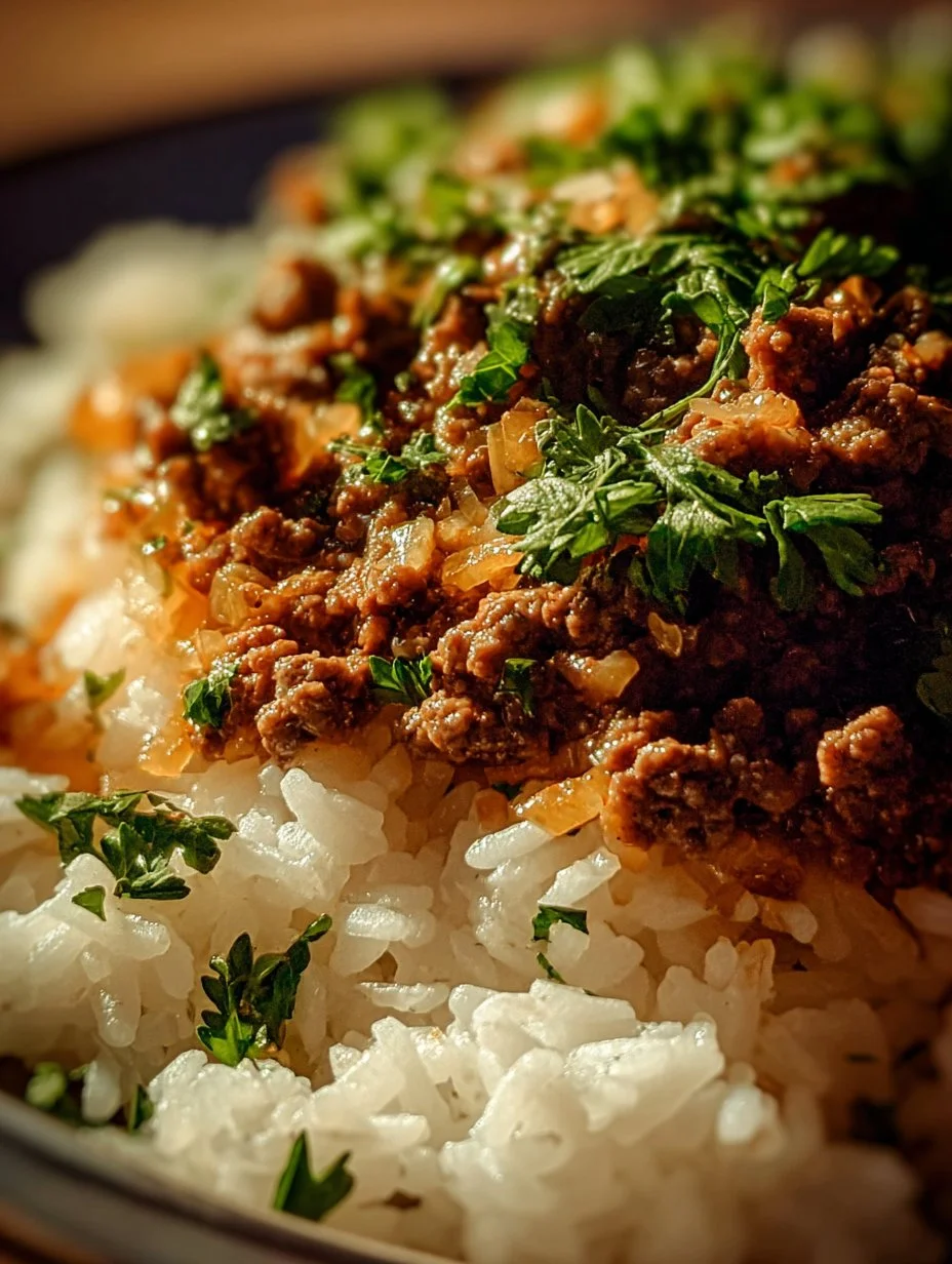 Delicious onion ground beef rice casserole dish served in a rustic bowl