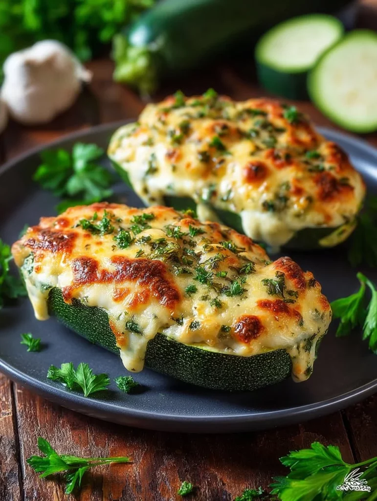Parmesan Baked Zucchini Boats topped with cheese and herbs