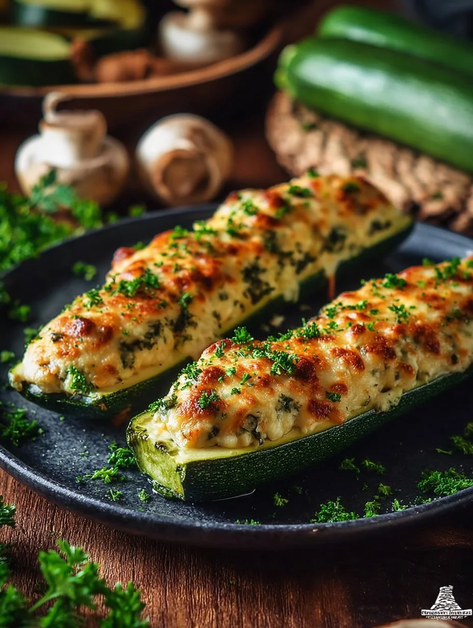 Delicious Parmesan Baked Zucchini Boats topped with cheese and herbs