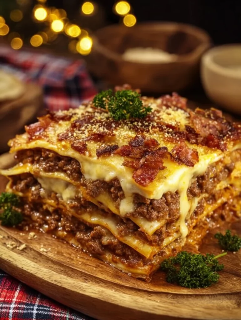 Delicious Parmesan Garlic Bacon Cheeseburger Lasagna served on a plate
