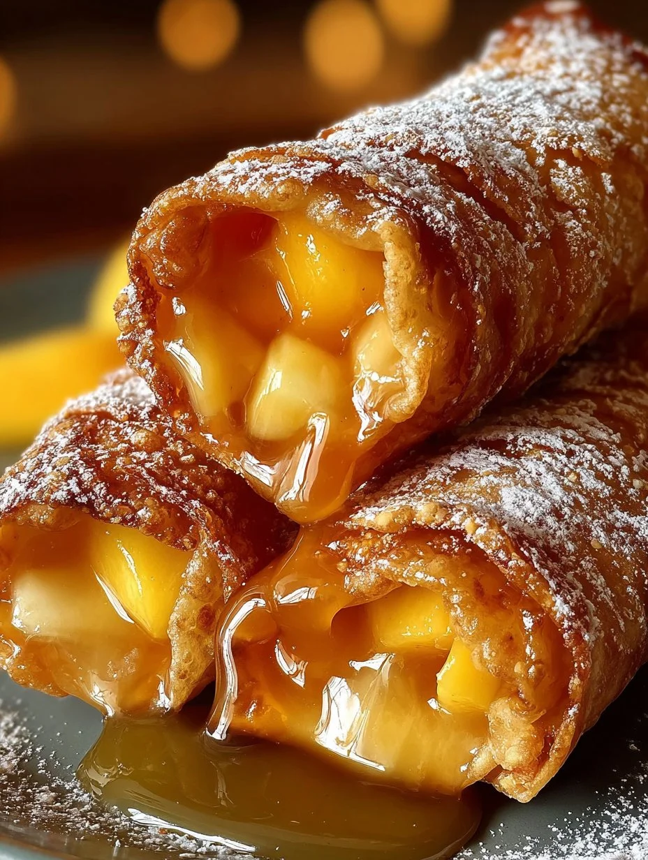 Peach cobbler egg rolls served on a plate with a scoop of ice cream
