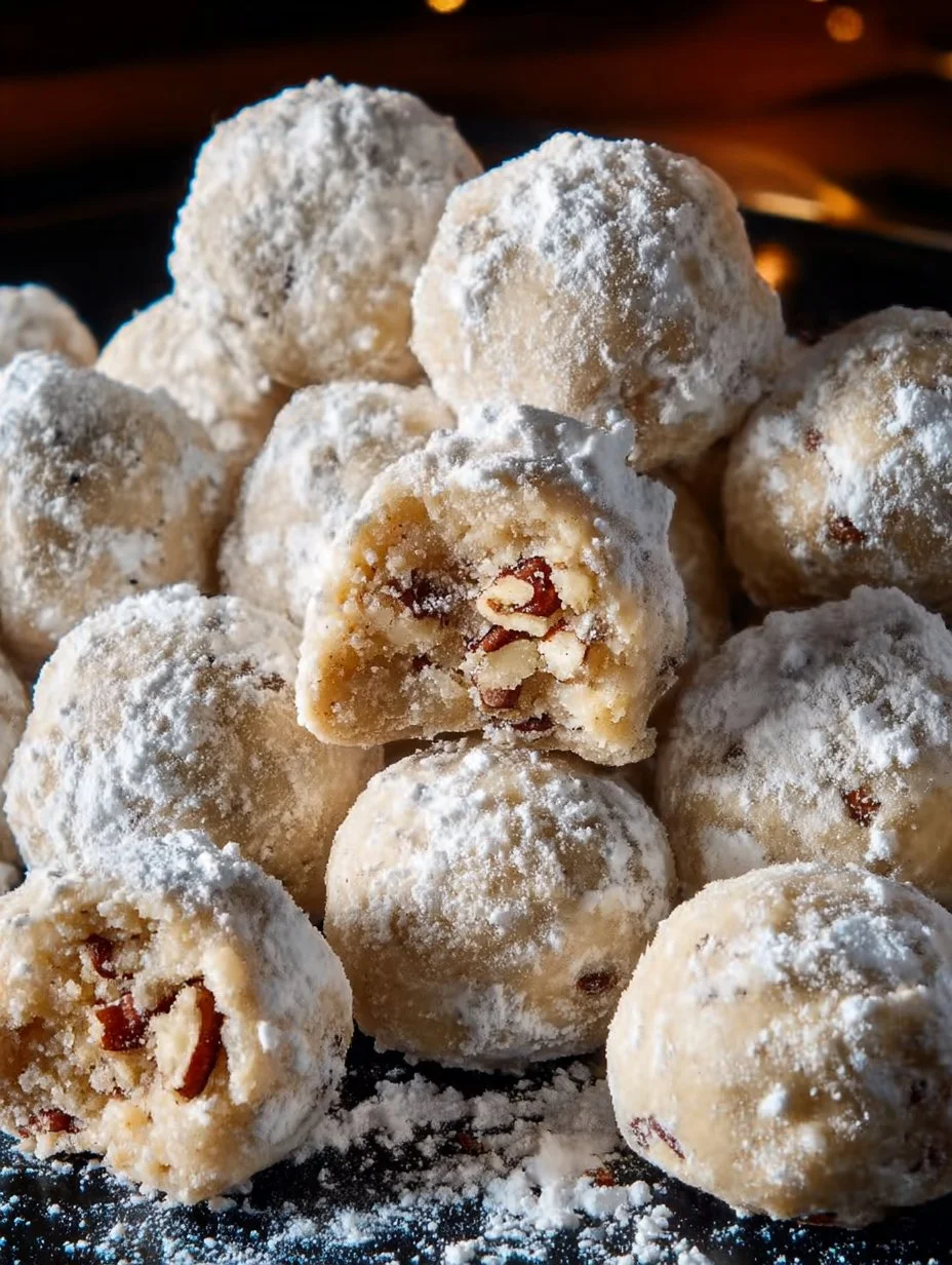 Homemade pecan cookie balls arranged on a plate, garnished with powdered sugar.