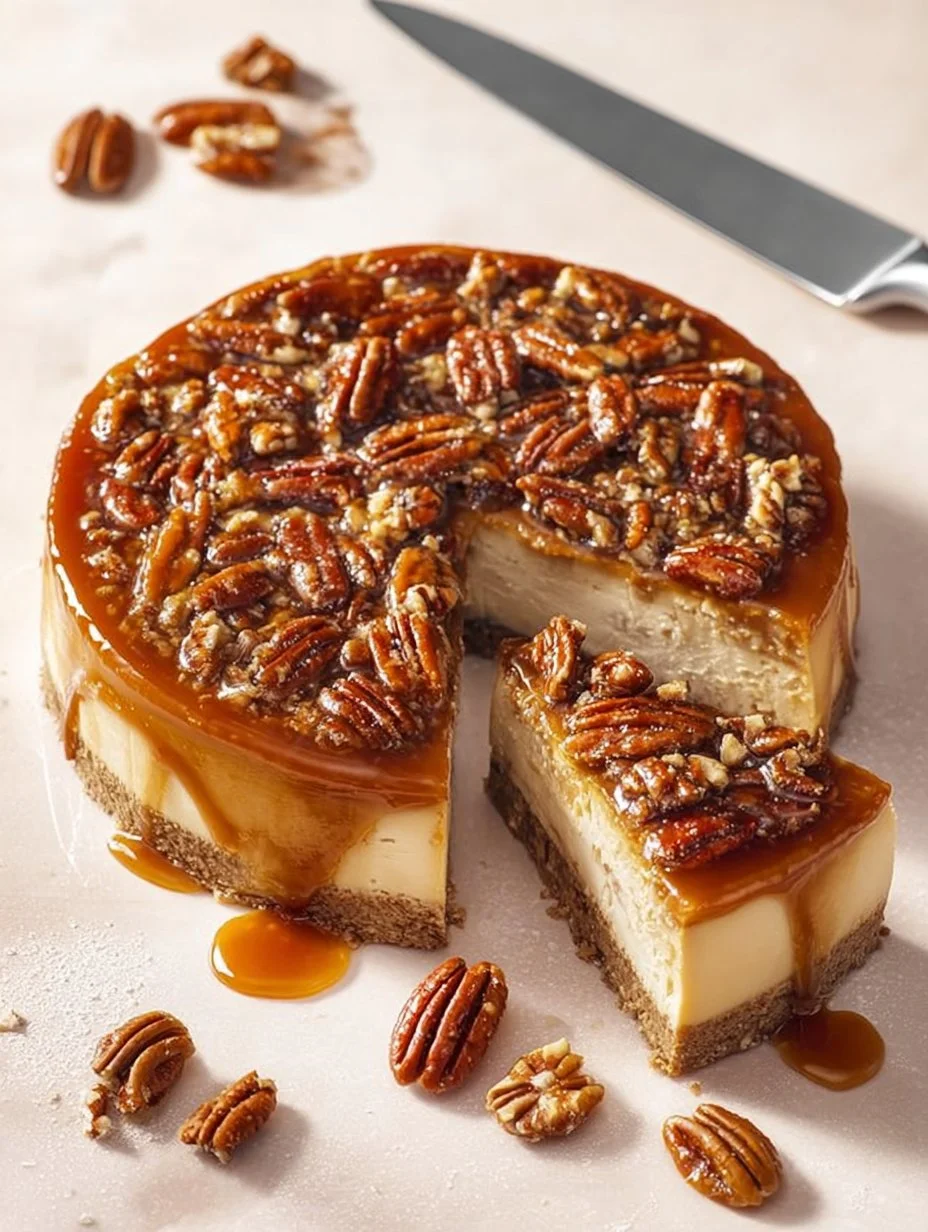 Delicious pecan pie cheesecake with creamy texture and pecan topping