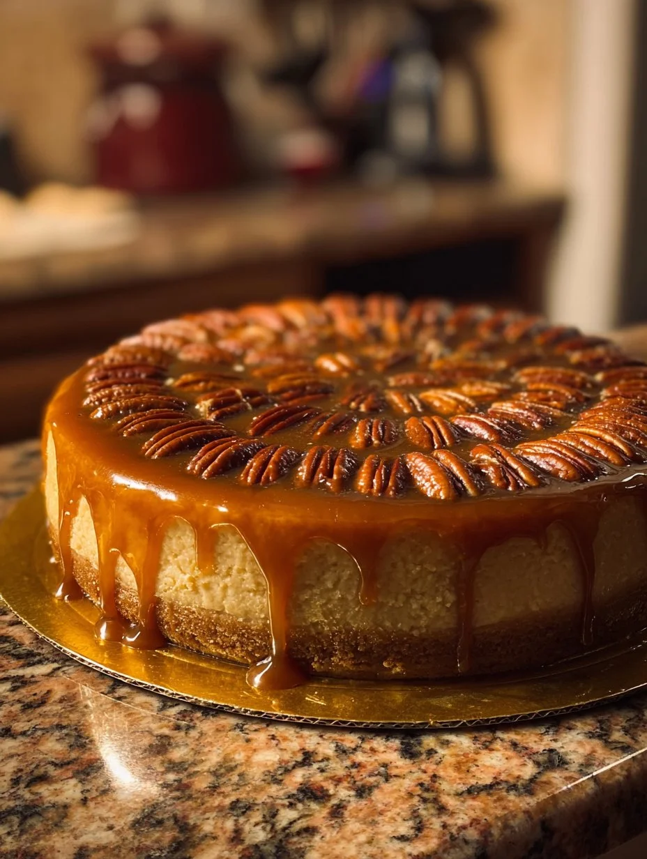 Delicious pecan pie cheesecake topped with caramel sauce and pecans.