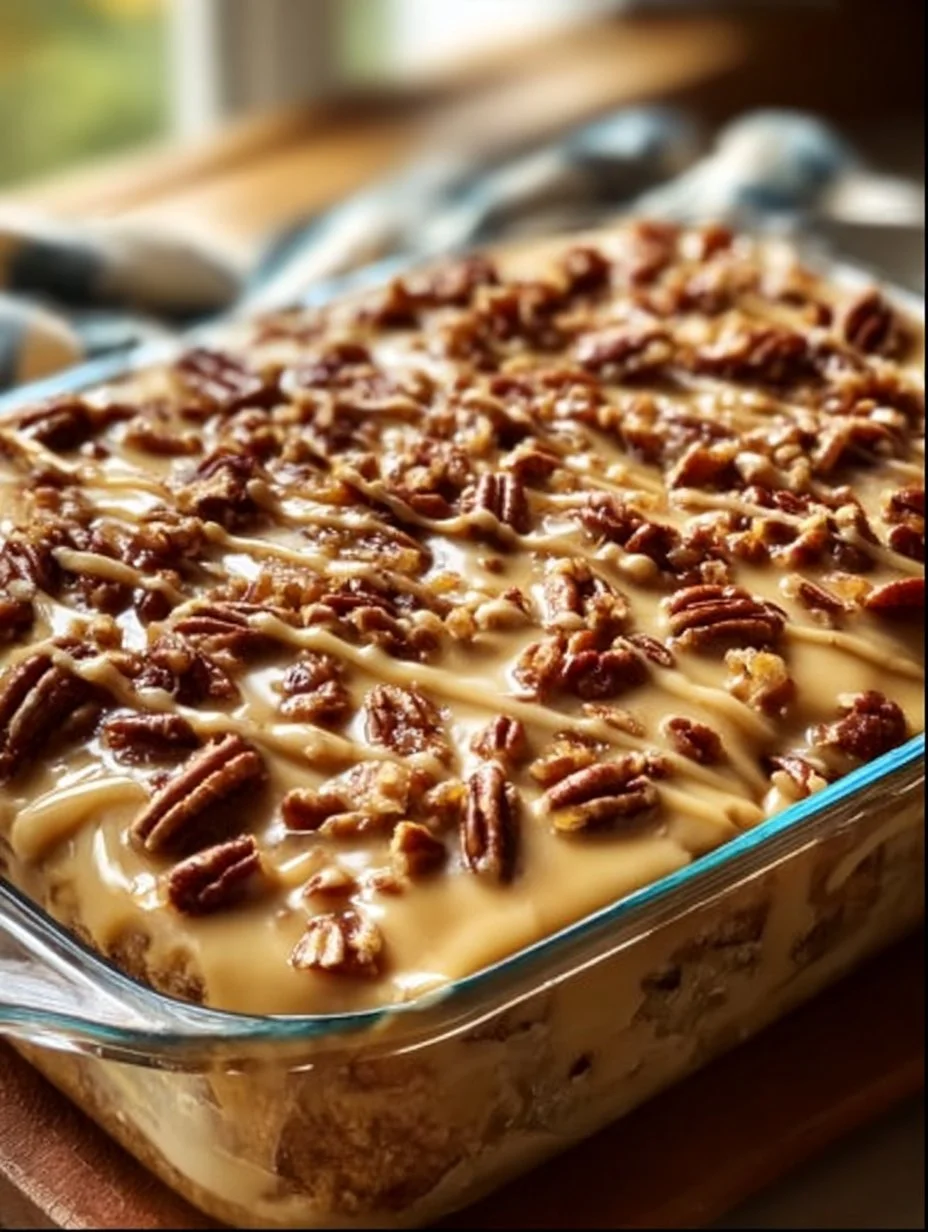 Slice of pecan praline poke cake with praline glaze and pecans on top.