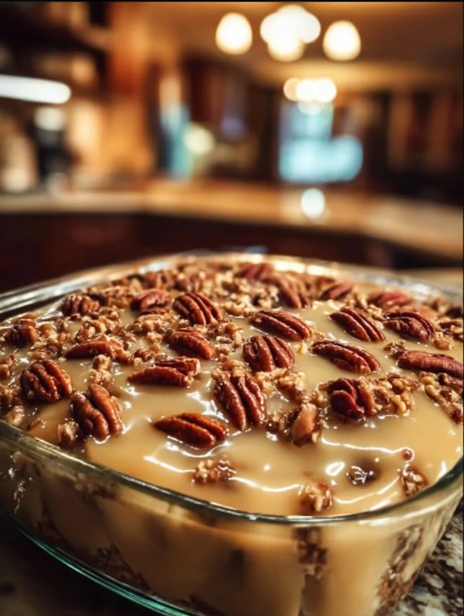 Delicious slice of Pecan Praline Poke Cake topped with caramel and pecans