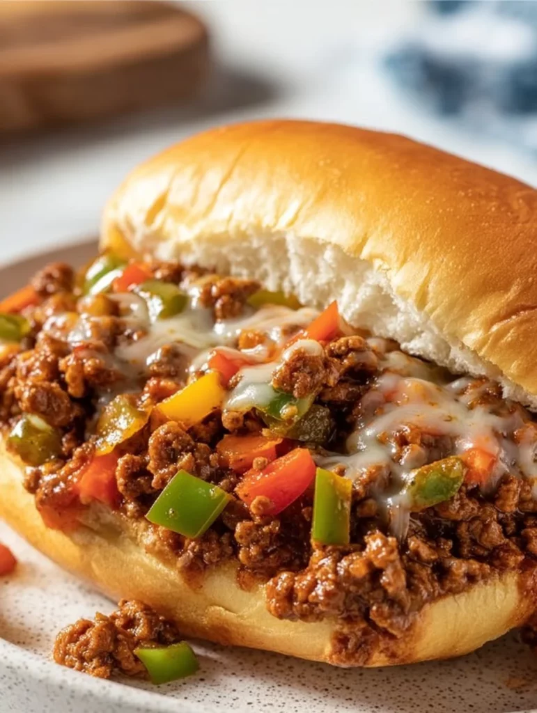 Philly Cheesesteak Sloppy Joes served on a plate with toppings