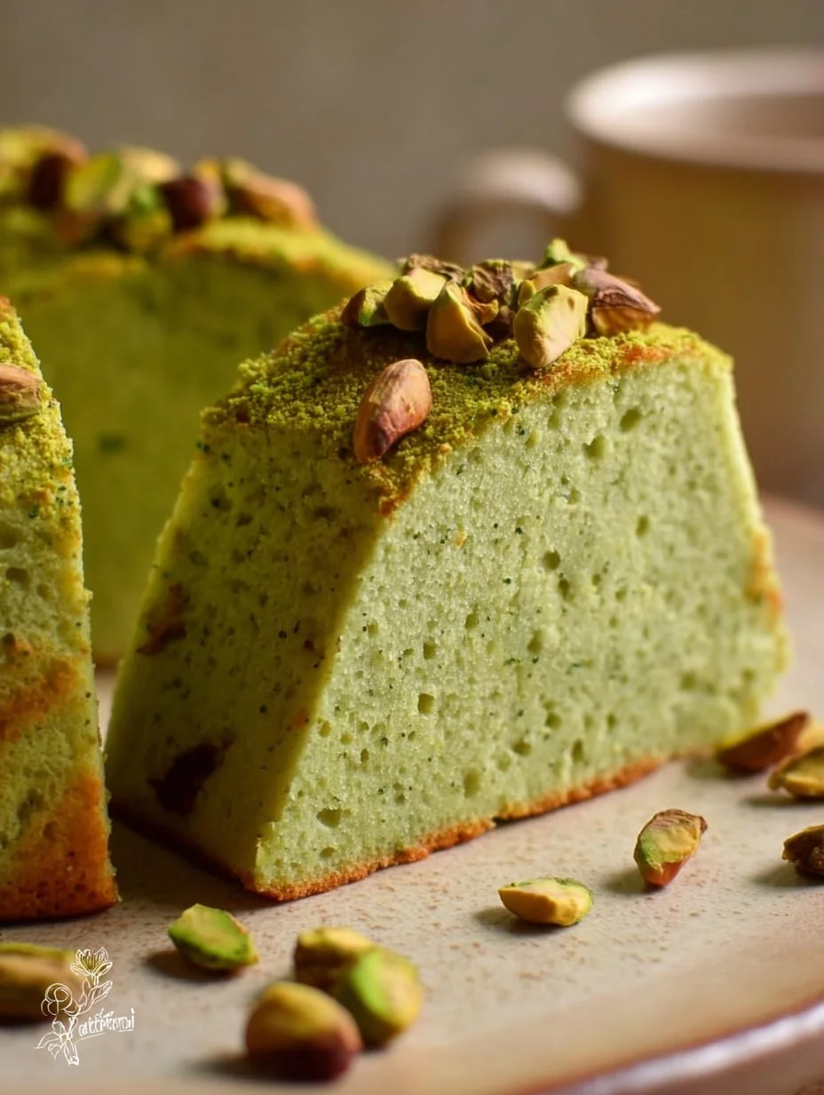 Pistachio yogurt cake without flour, showcasing a moist and nutty dessert