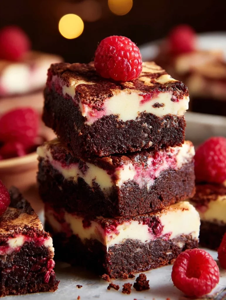 Delicious Raspberry Cheesecake Brownies with creamy cheesecake and fresh raspberries