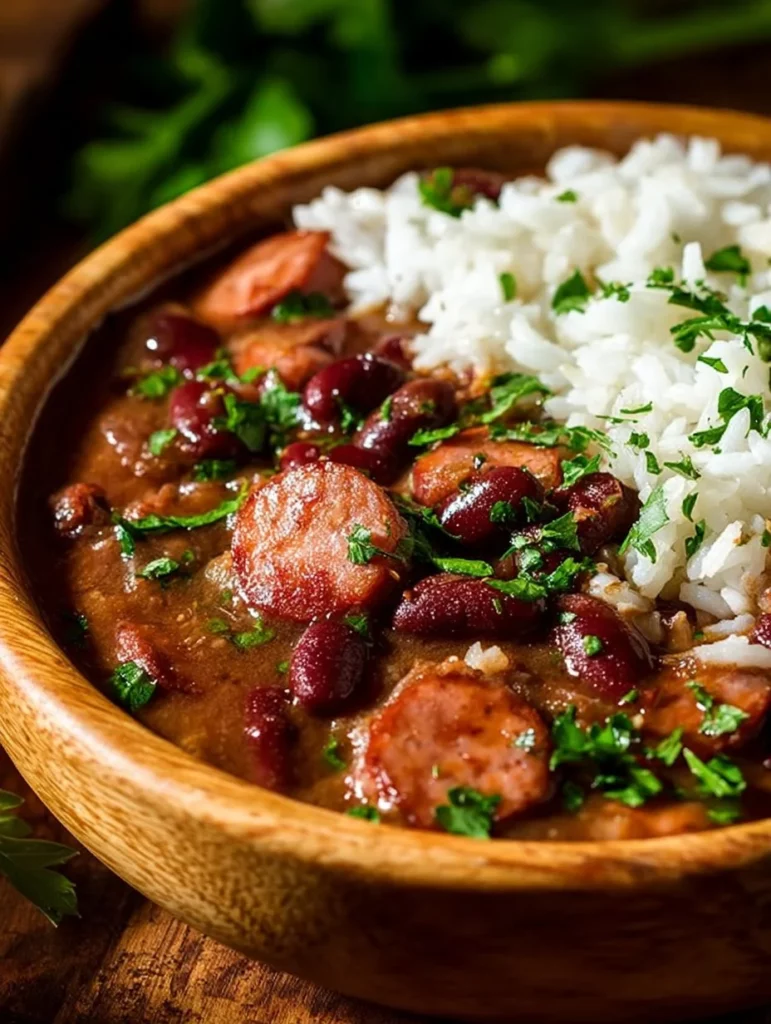 Plate of red beans and rice with andouille sausage served in a bowl.