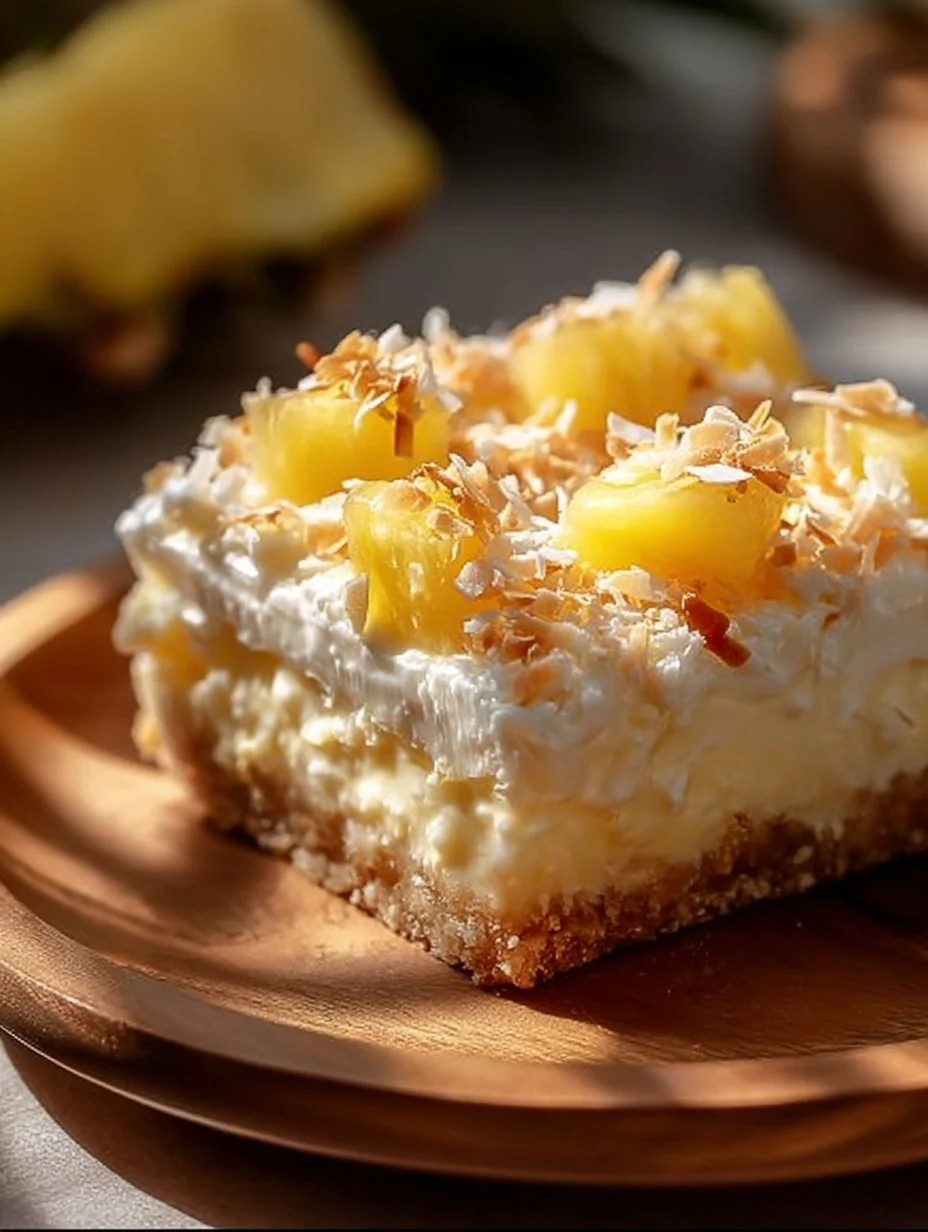 Delicious no-bake pineapple coconut bars topped with coconut flakes.
