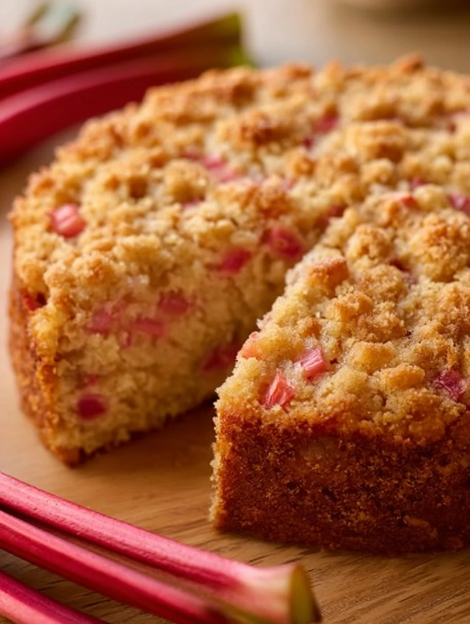 Freshly baked rhubarb cake topped with icing and garnished with rhubarb stalks