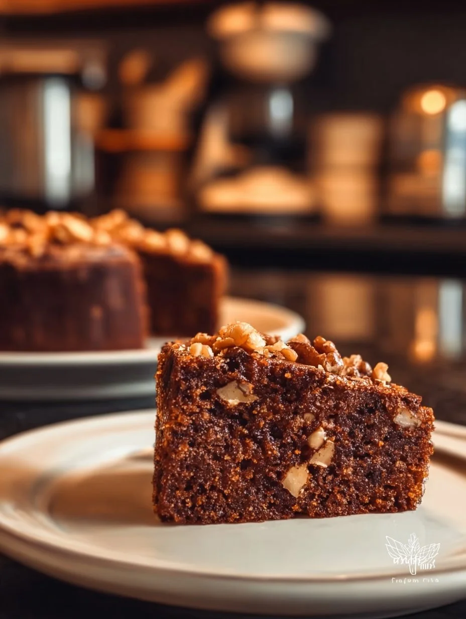 Rich espresso date cake topped with crunchy walnuts on a rustic wooden table