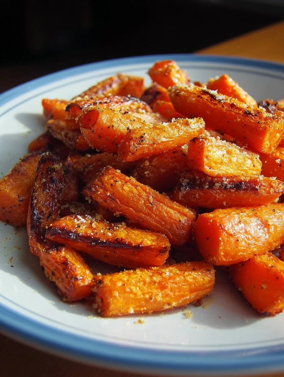 Roasted Parmesan-Garlic carrots sprinkled with herbs and cheese