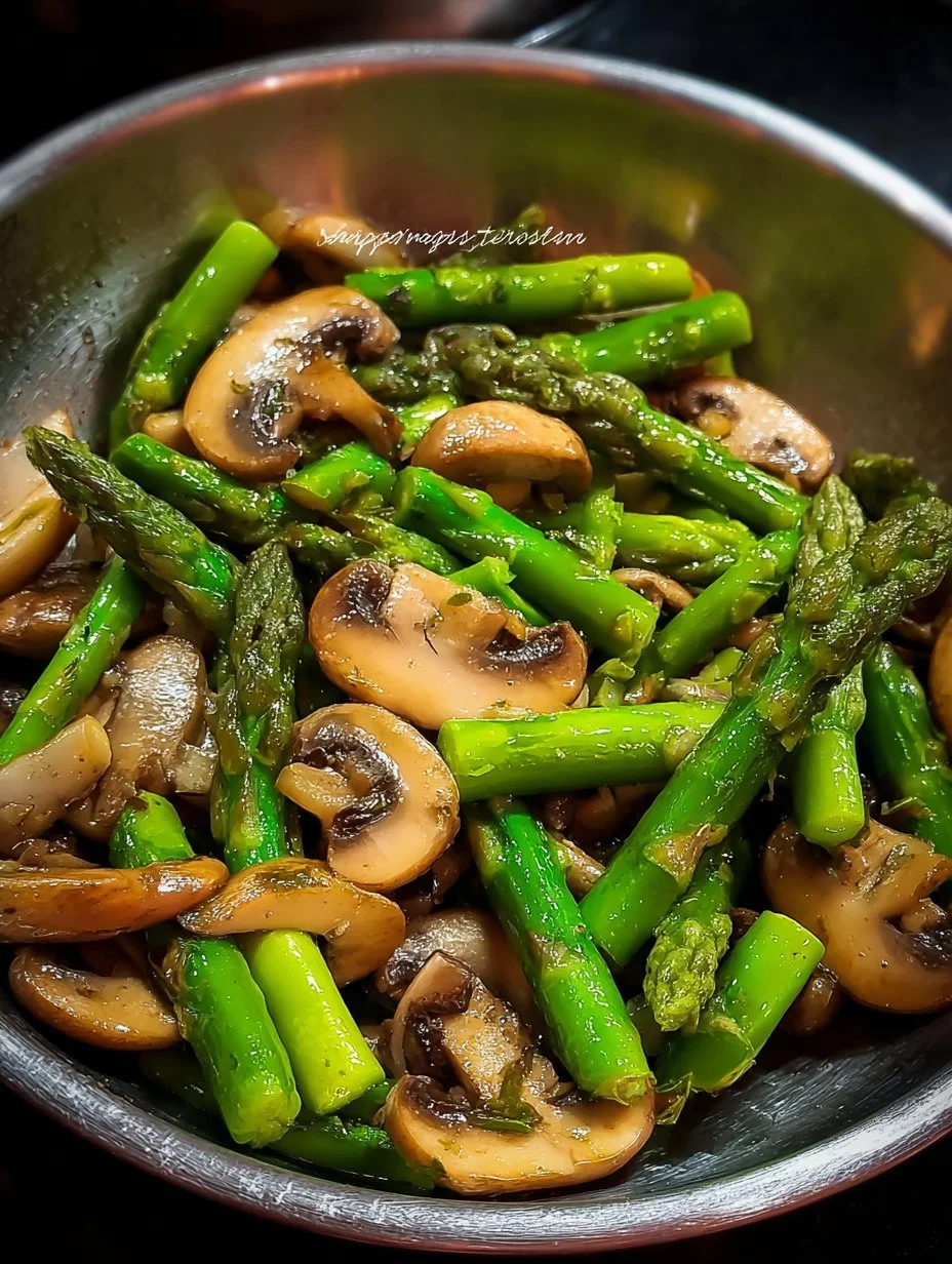 Delicious sautéed mushrooms with asparagus on a plate, garnished with herbs.