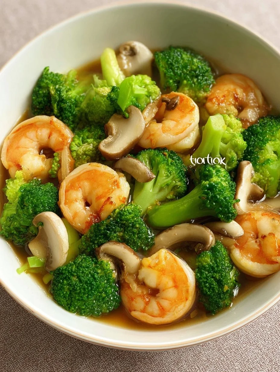 Sautéed shrimp with broccoli and mushrooms, a delicious and healthy dish.