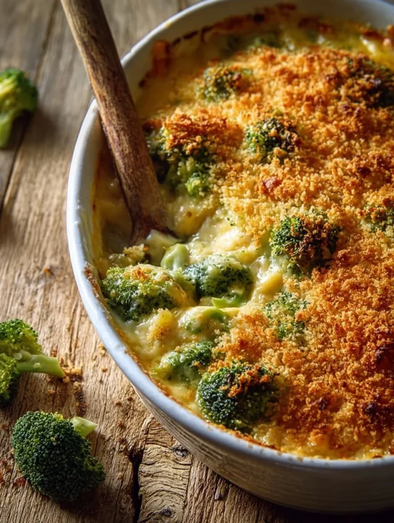Delicious chicken broccoli rice casserole served in a baking dish.