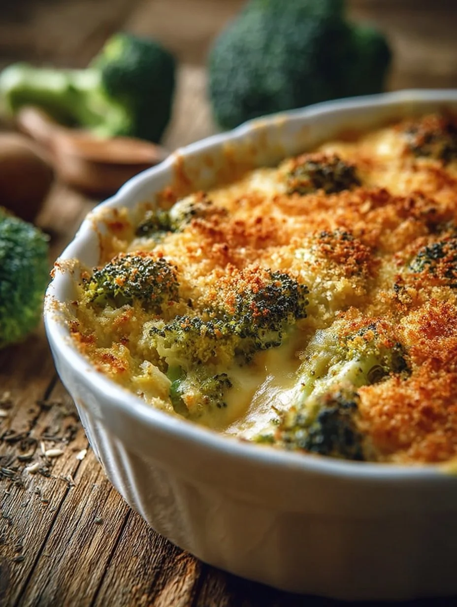 Delicious chicken broccoli rice casserole served in a baking dish