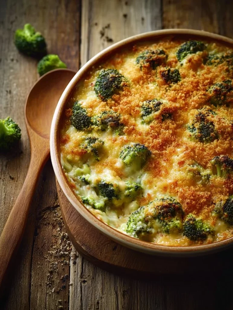 Delicious Chicken Broccoli Rice Casserole in a casserole dish