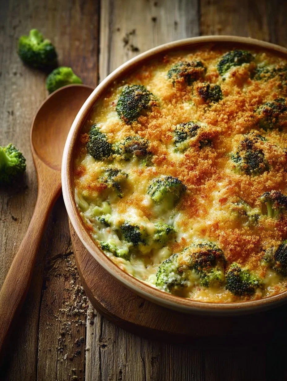Delicious Chicken Broccoli Rice Casserole in a casserole dish