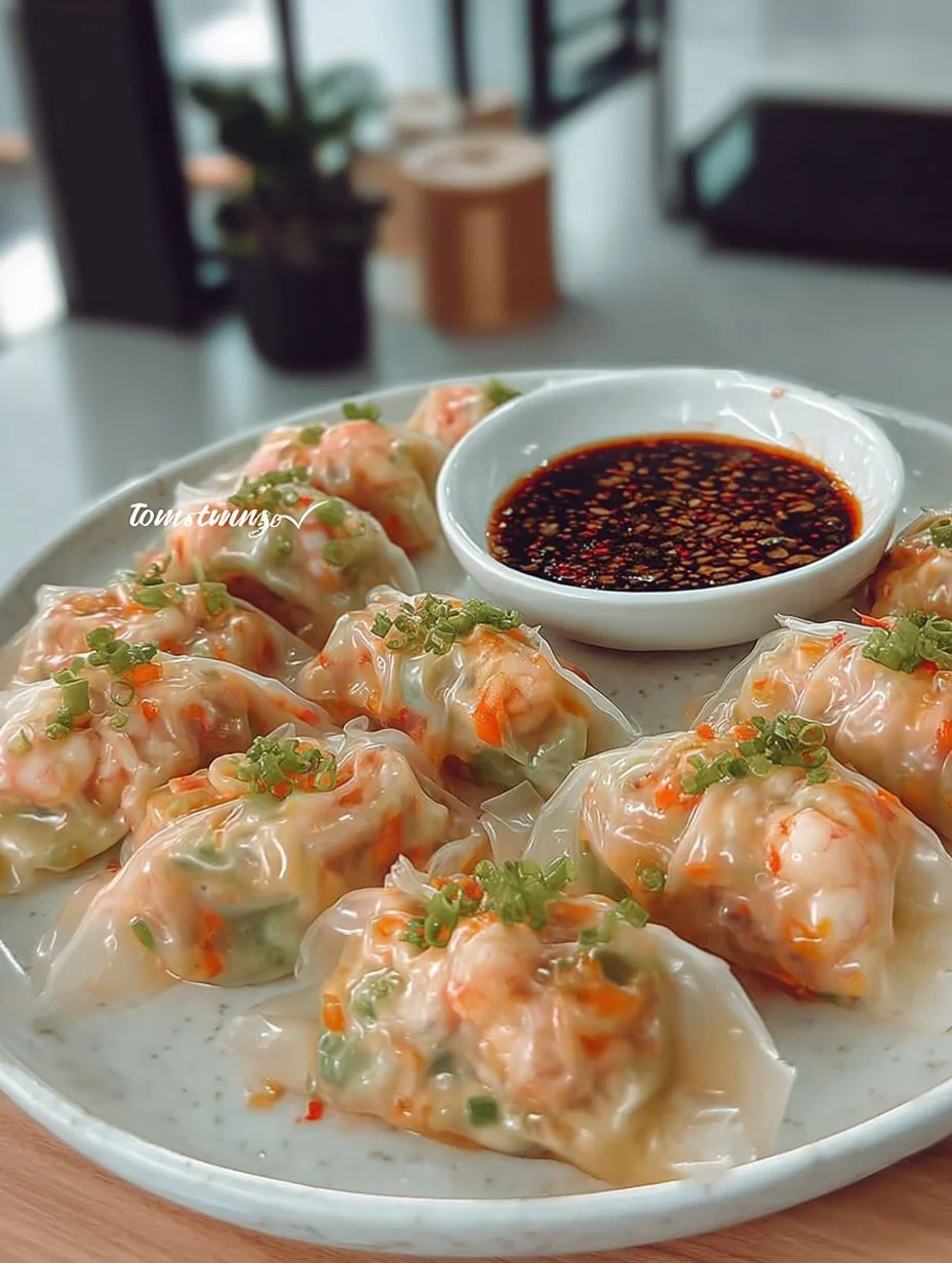 Shrimp and vegetable dumplings served on a plate