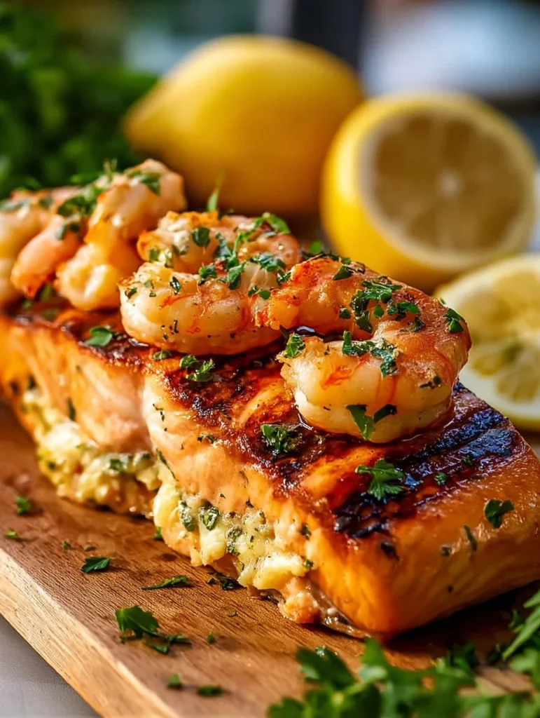Delicious shrimp and crab stuffed salmon dish served on a plate