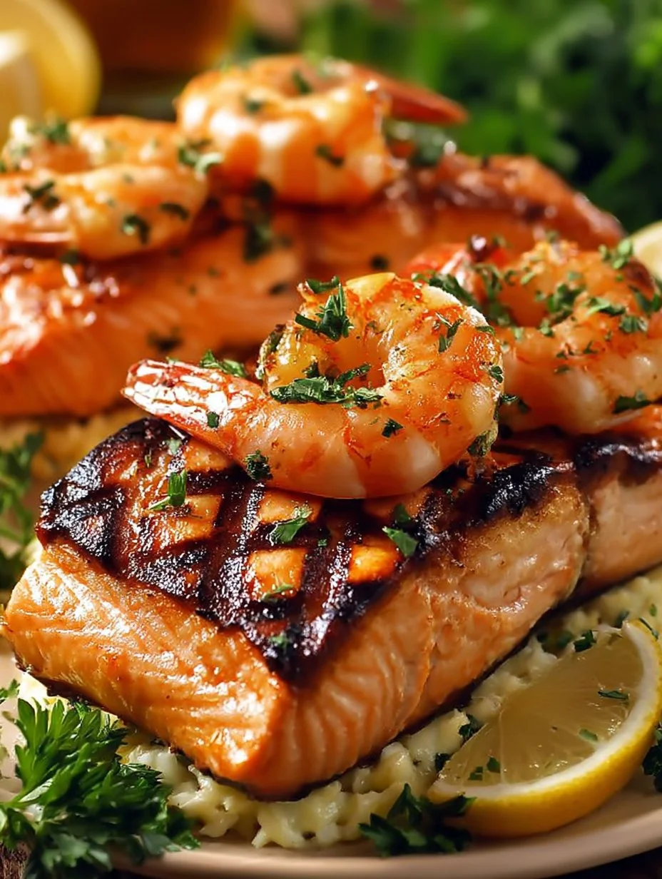 Delicious shrimp and crab stuffed salmon on a plate garnished with herbs