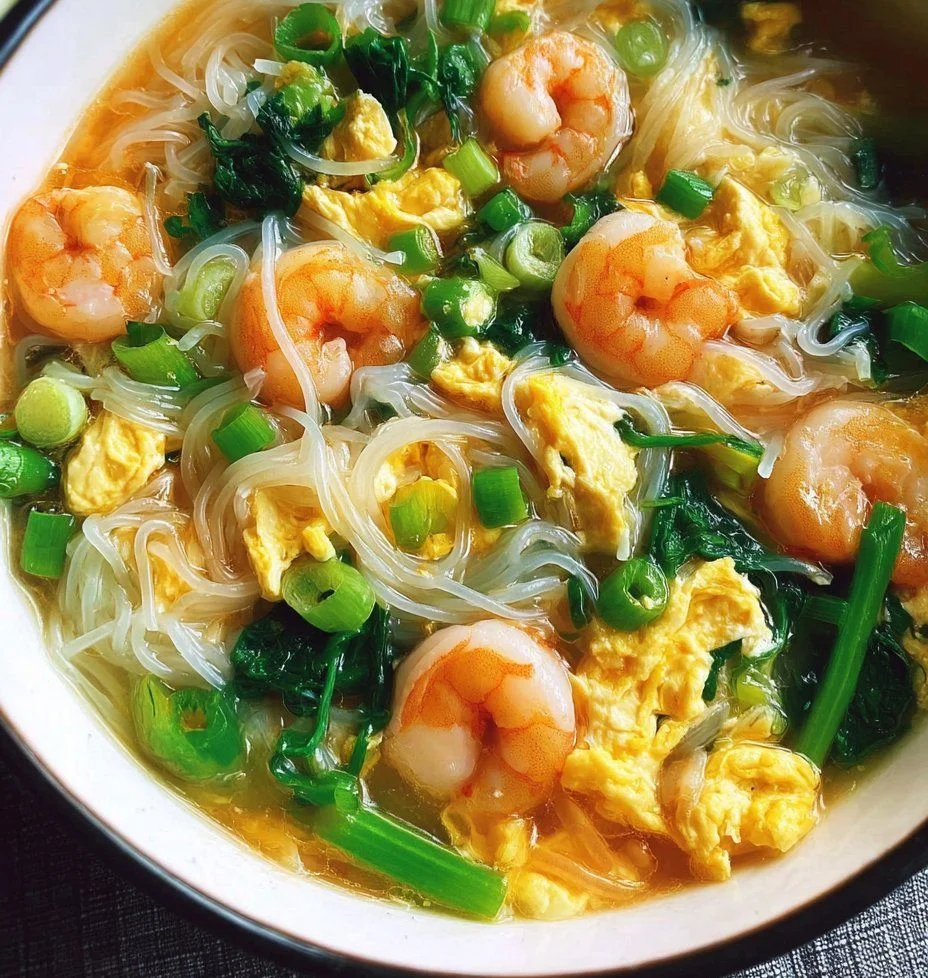 Shrimp egg dish served with flavorful mushroom noodles, garnished with herbs.
