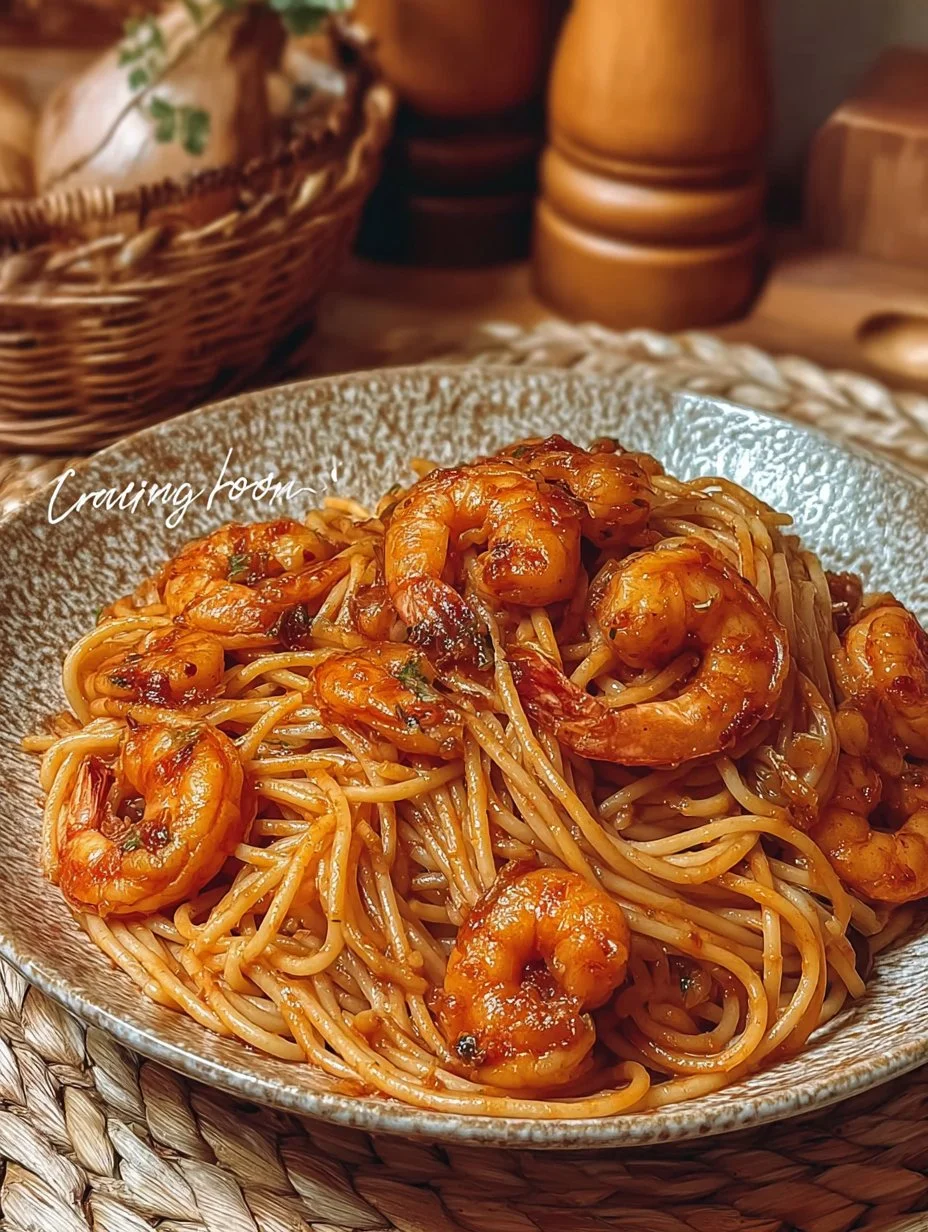 Delicious shrimp pasta served in a bowl with a garnish of herbs.