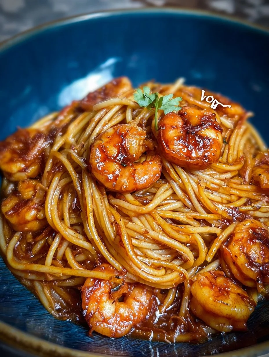 Delicious shrimp pasta served in a gourmet style with herbs and sauce