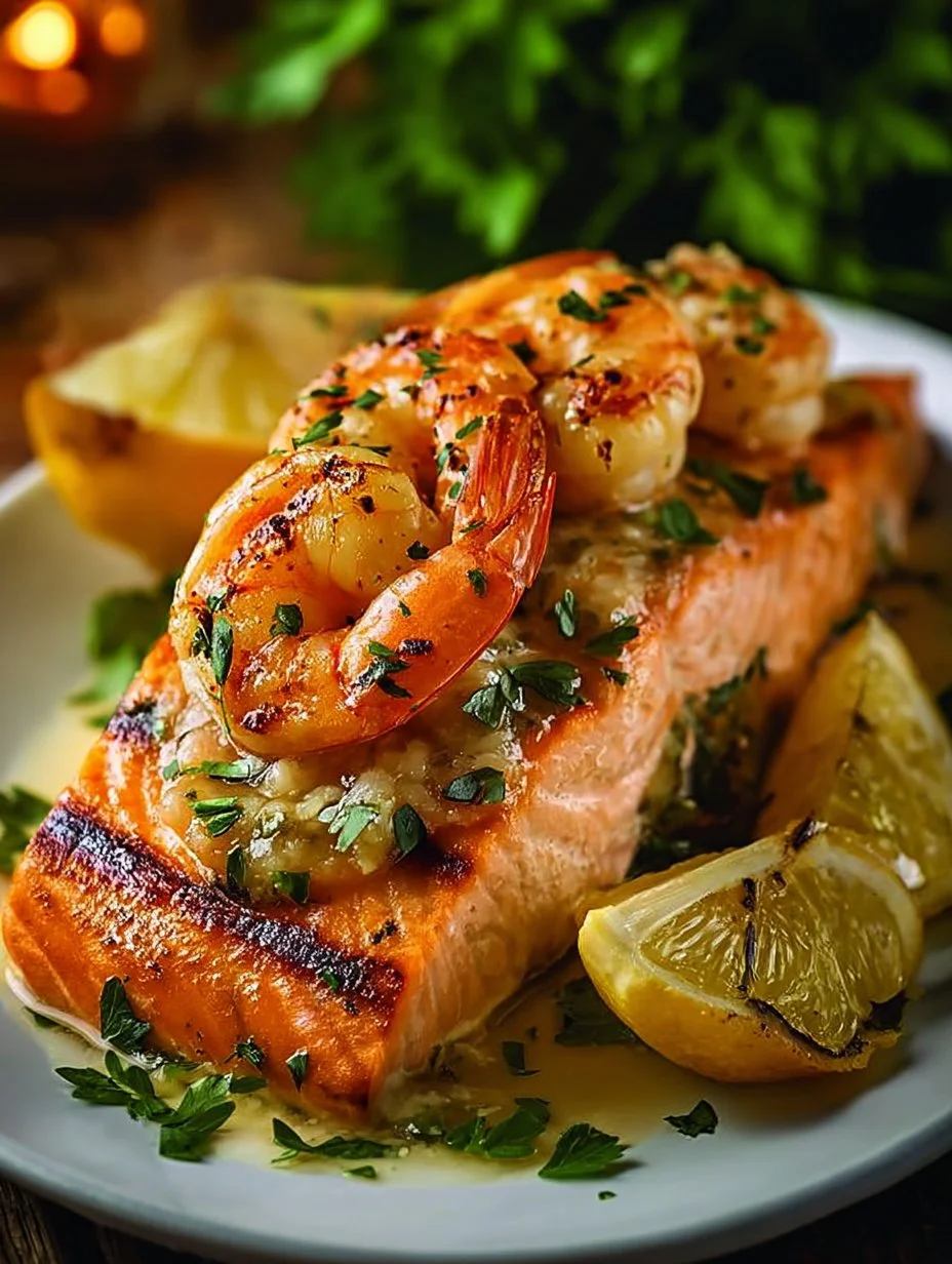 Shrimp-stuffed salmon with lemon garlic butter on a plate
