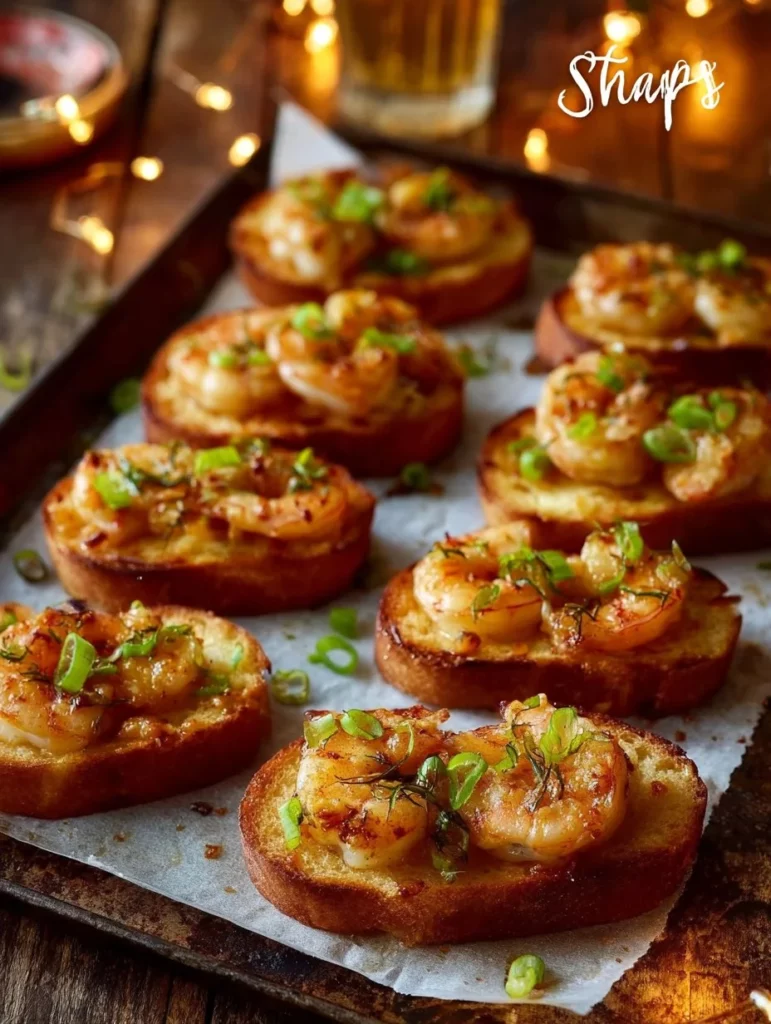 Plate of crispy shrimp toasts topped with fresh herbs and spices