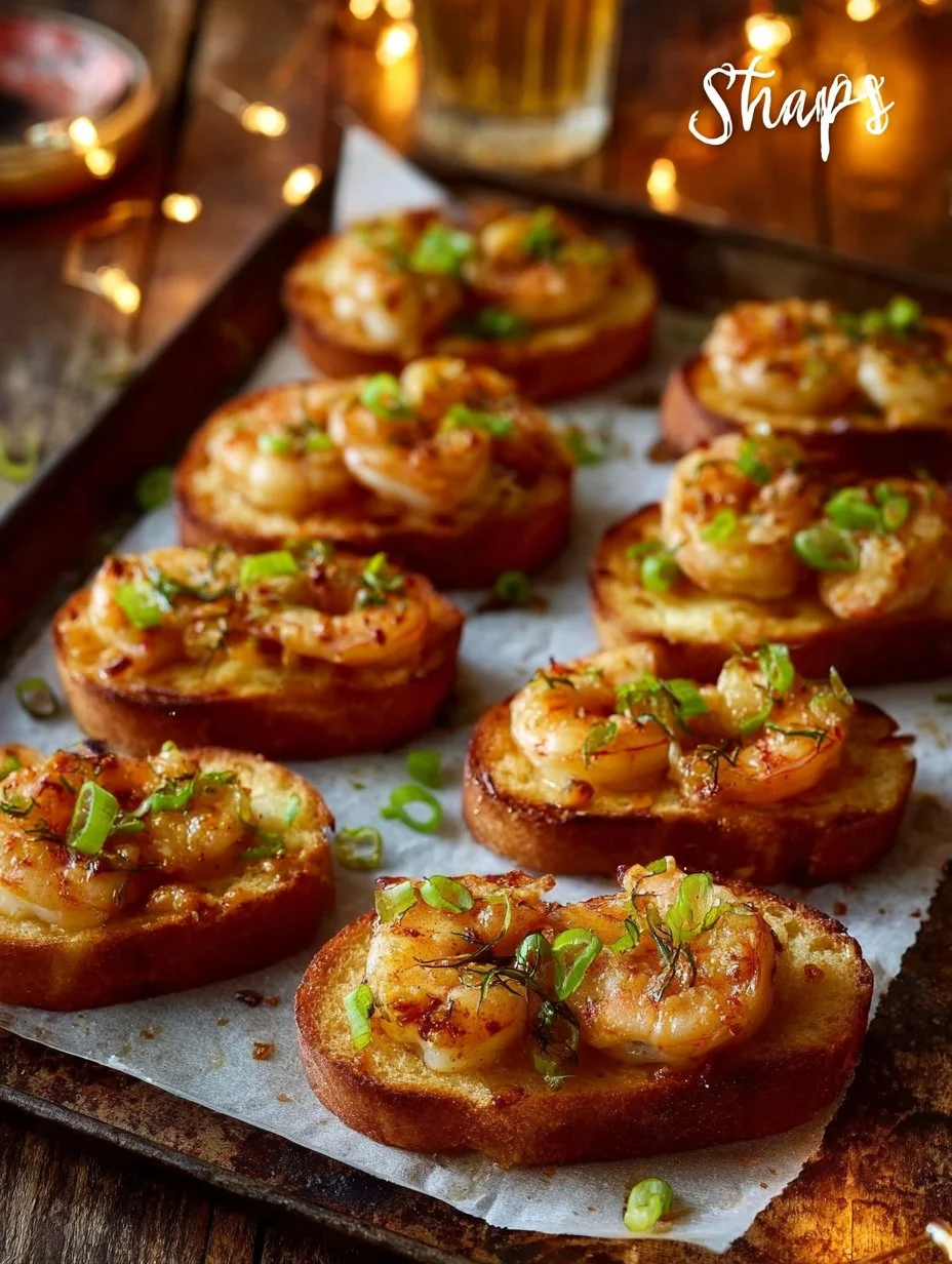 Plate of crispy shrimp toasts topped with fresh herbs and spices