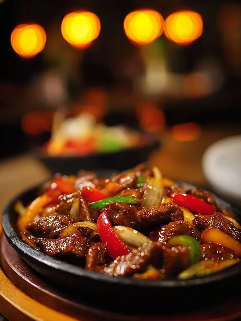 Sizzling Chinese pepper steak with onions served in a vibrant dish