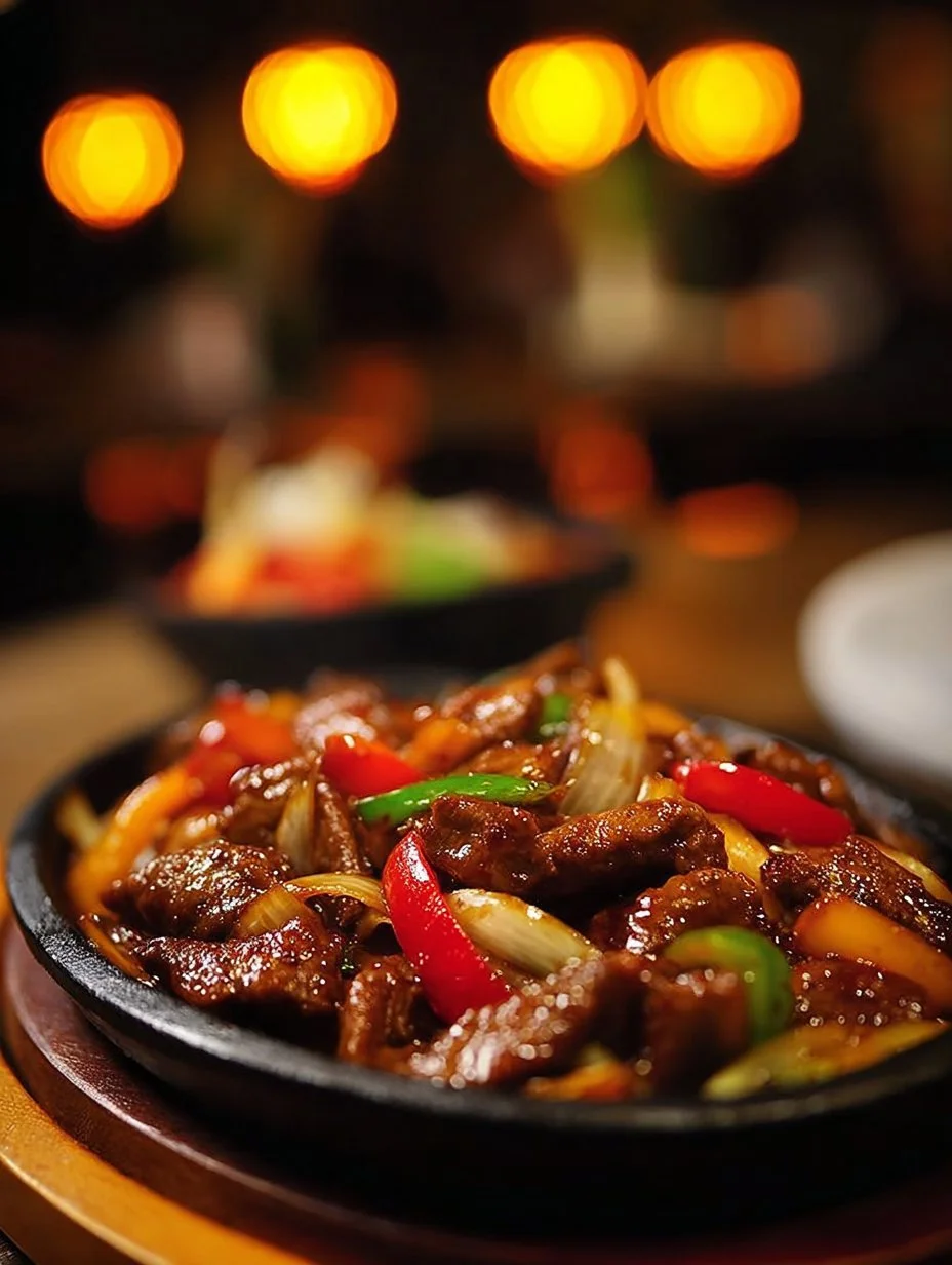 Sizzling Chinese pepper steak with onions served in a vibrant dish