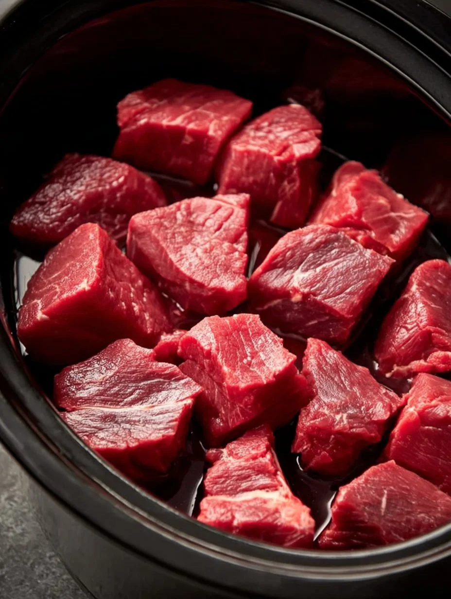 Slow cooker beef stew made with just 4 ingredients in a cozy kitchen setting.