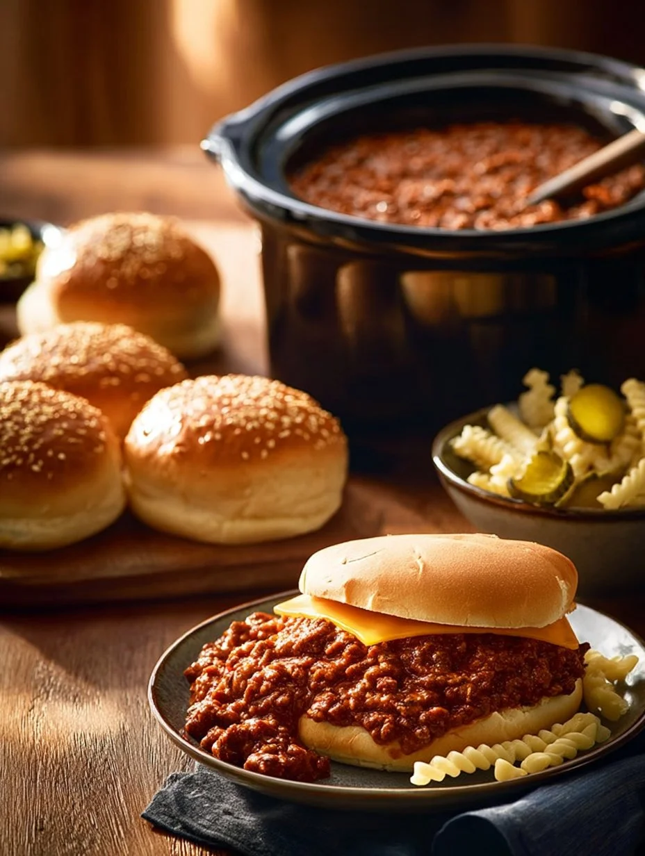 Delicious slow cooker sloppy joes served in a bun with toppings.