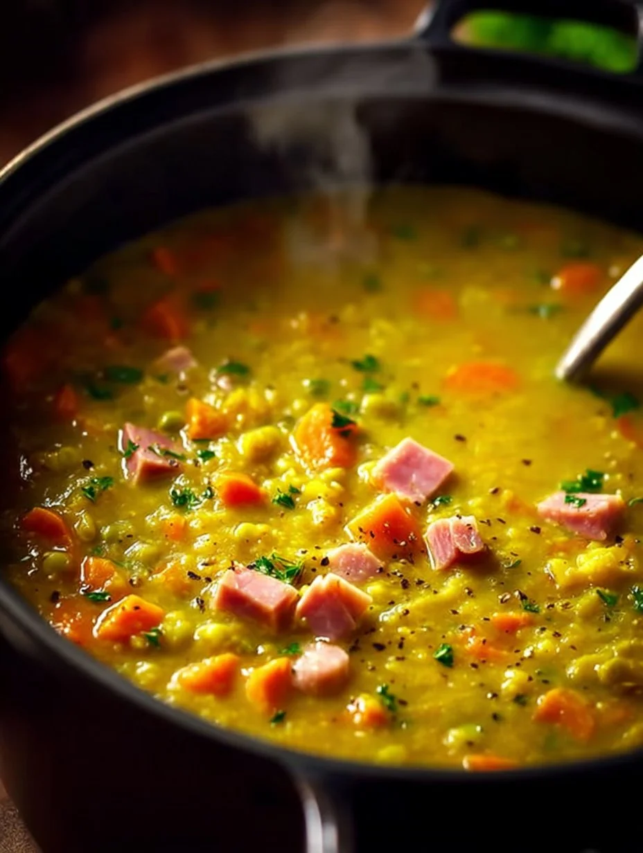 Bowl of slow cooker split pea soup garnished with herbs and served with bread.