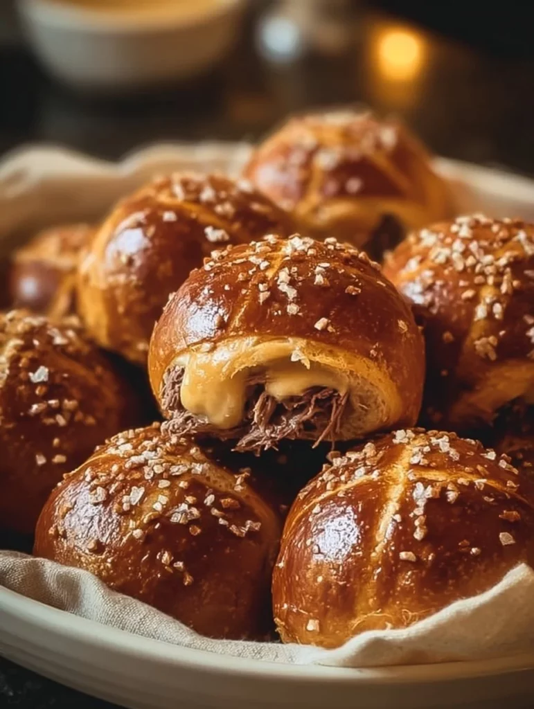 Smoked brisket and beer cheese pretzel bombs served on a platter